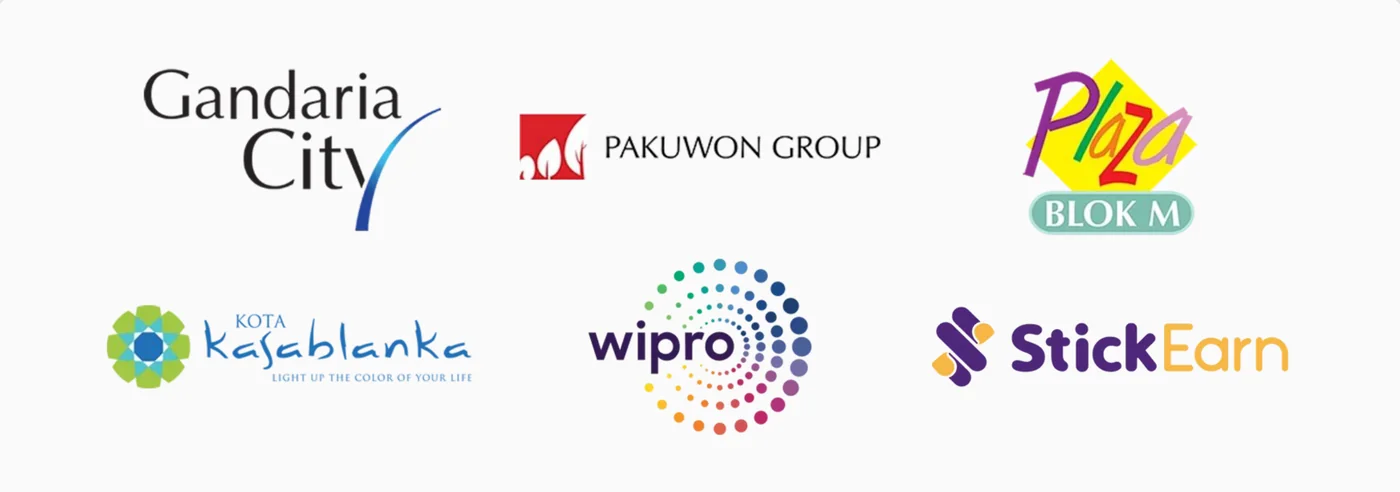 Logo perusahaan yang pernah mengikuti corporate training Devata Studio: Gandaria City, Pakuwon Group, Plaza Blok M, Kota Kasablanka, Wipro, dan StickEarn