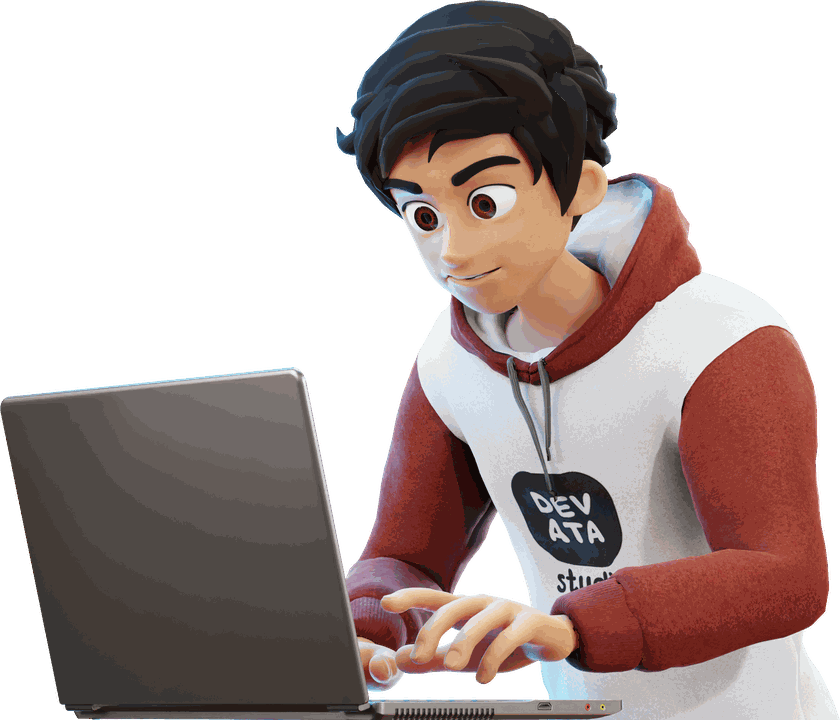 Karakter Devata Studio sedang bekerja di laptop